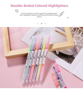 Close-up of double-headed 6-color highlighters on aesthetic background for students