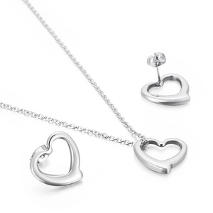 Polished silver stainless steel jewelry set with hollow heart necklace and earrings