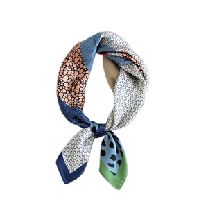 Silk feel square scarf with geometric patchwork and polka dot patterns for women