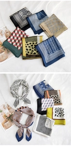 Flat lay of diverse printed silk neckerchiefs with geometric and floral patterns