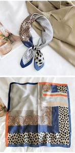 Detail view of square silk scarf with leopard and geometric print in blue and orange