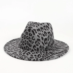 Classic leopard print wool felt fedora hat with wide brim in grey and black tones