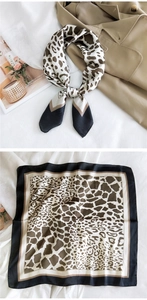 Flat lay and lifestyle view of a square silk scarf with brown animal print patterns
