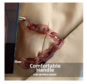 Detail of amber acrylic chain handle and gold metal rings on a transparent box bag