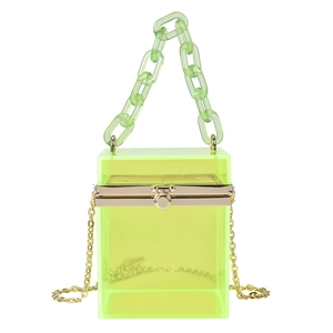 Transparent neon green acrylic box bag with chunky green chain and gold shoulder strap