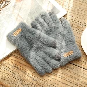 Winter thermal grey knit touch screen gloves for women with soft faux mink fur texture