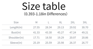 Men's athletic hoodie size chart showing length, bust, shoulder and sleeve measurements in inches
