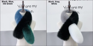 Detail of color-block faux fox fur scarf showing luxurious texture and vibrant stitching