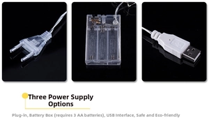 Three power options for LED string lights featuring EU plug, battery box, and USB port
