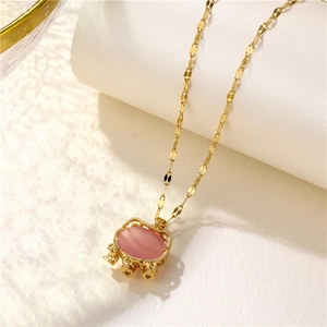 Pink gemstone pendant necklace with gold crown frame and elegant steel chain