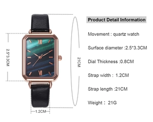 Detailed size specifications of the rose gold square watch with dark green marble dial