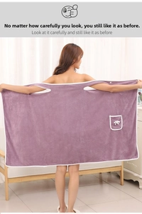 Back view of a thick purple wearable coral fleece bath towel dress with white piping
