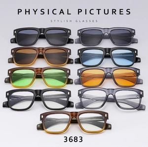 Detailed array of retro square sunglasses in various colors and tinted lenses