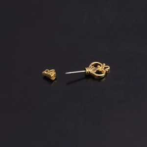 Macro shot of gold-plated crown stud earrings with screw back closure details