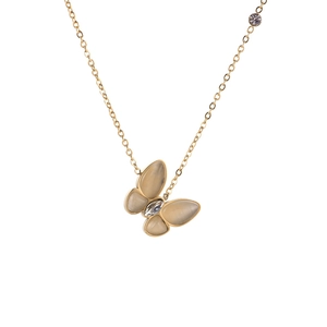 Elegant rose gold butterfly pendant necklace with opal wings and crystal accents