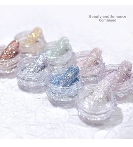 Detailed macro view of 8 colors glitter powder pots for nail art with matching samples