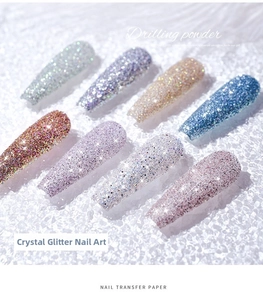 Macro view of eight colorful crystal diamond nail glitter powders in assorted vibrant shades