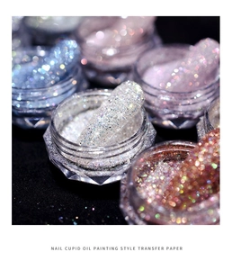 Macro shot of silver glitter nail powder with high shine finish and sparkling texture