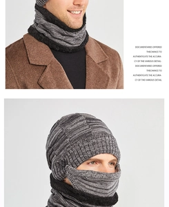 Detail of winter knit hat and neck warmer set with thick fleece lining for men