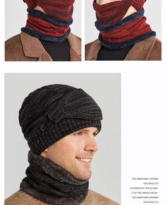 Detail of men's winter knit hat and thick fleece-lined neck warmer set in grey