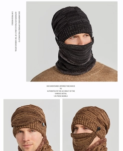 Detail of men's winter knit hat and neck warmer with thick fleece lining and button