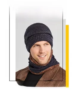 Detail of winter knit beanie and neck warmer with thick brown fleece lining in navy blue