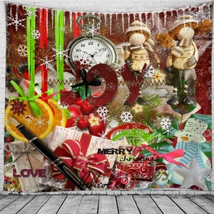 Close-up of festive Christmas wall tapestry with retro holiday elements and vibrant text