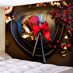 Cozy Christmas wall tapestry detail with tableware motif and warm festive lighting