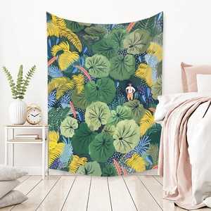 Bohemian tropical plant tapestry with green leaves and figure for wall decoration
