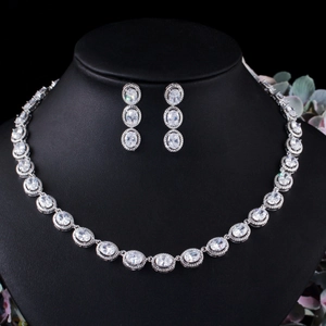 Elegant Oval Zirconia Jewelry Set For Women Copper Electroplated Necklace Earrings Bridal Wedding Dress Jewelry Accessories