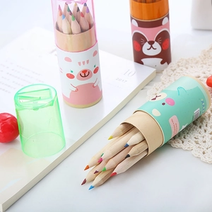 Set of 12 colored pencils in cartoon animal tubes with built-in pencil sharpeners
