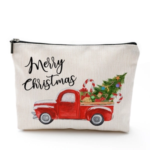 Christmas waterproof cotton linen makeup bag with red truck and tree pattern on white background