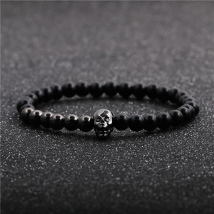 Halloween skull and evil eye beaded adjustable men's bracelet with black stone beads