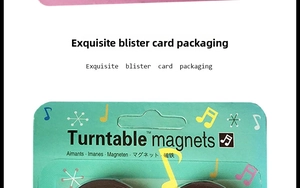 Detail of retro vinyl record player magnet set in a vintage cyan blue card packaging