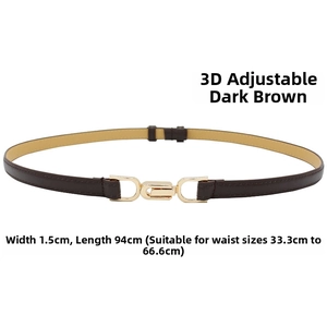 Detail of slim dark coffee belt with gold buckle, width 1.5cm, fits waist 53-90cm