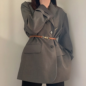 Vintage dark gray blazer styled with a slim brown leather belt for waist definition