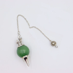 Green stone metal pendulum with silver chain for dowsing and spiritual healing practices