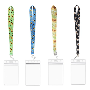 Detailed view of sunflower and daisy patterned phone lanyards with transparent card holders