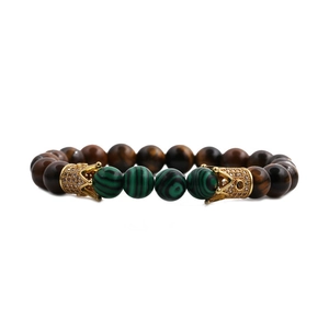 8mm Tiger Eye and Malachite crown charms beaded bracelet for men with gold accents