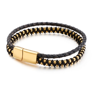 Double-layer braided leather and gold bead chain bracelet with magnetic clasp for men