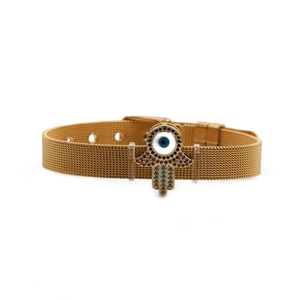 Golden mesh band bracelet with Hamsa Hand and Evil Eye charm in polished stainless steel