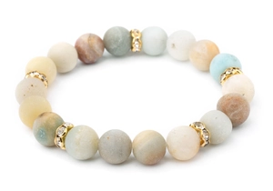 Detail of natural stone beaded bracelet with matte amazonite and crystal spacer beads