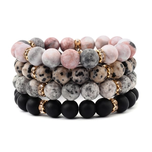 Set of 4 natural stone bead bracelets with gold spacer charms and matte black onyx beads
