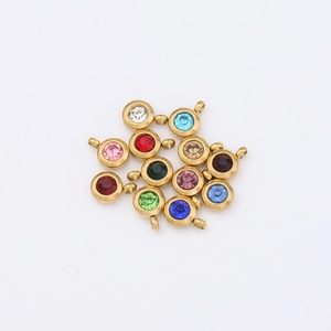 Golden stainless steel birthstone charms with colorful round crystals for DIY jewelry