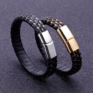 Men's black braided leather and steel wire bracelet with gold and silver magnetic clasps