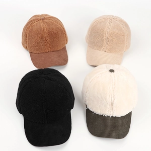 Sherpa and corduroy baseball caps in caramel, milk tea, black and grey contrast colors