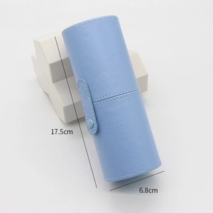 Detailed view of light blue PU leather makeup brush holder with 17.5cm x 6.8cm dimensions