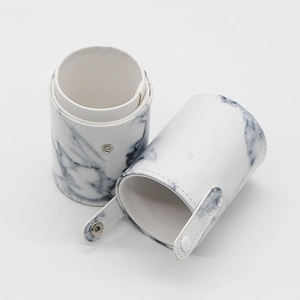 White marble pattern PU leather makeup brush storage holder cylinder with snap closures