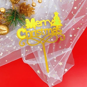 Golden Merry Christmas acrylic cake topper with pine tree on festive red background