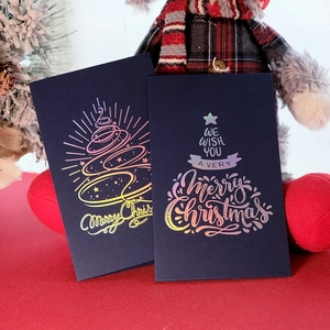 Deep blue Christmas cards with iridescent gold foil trees and Merry Christmas greetings